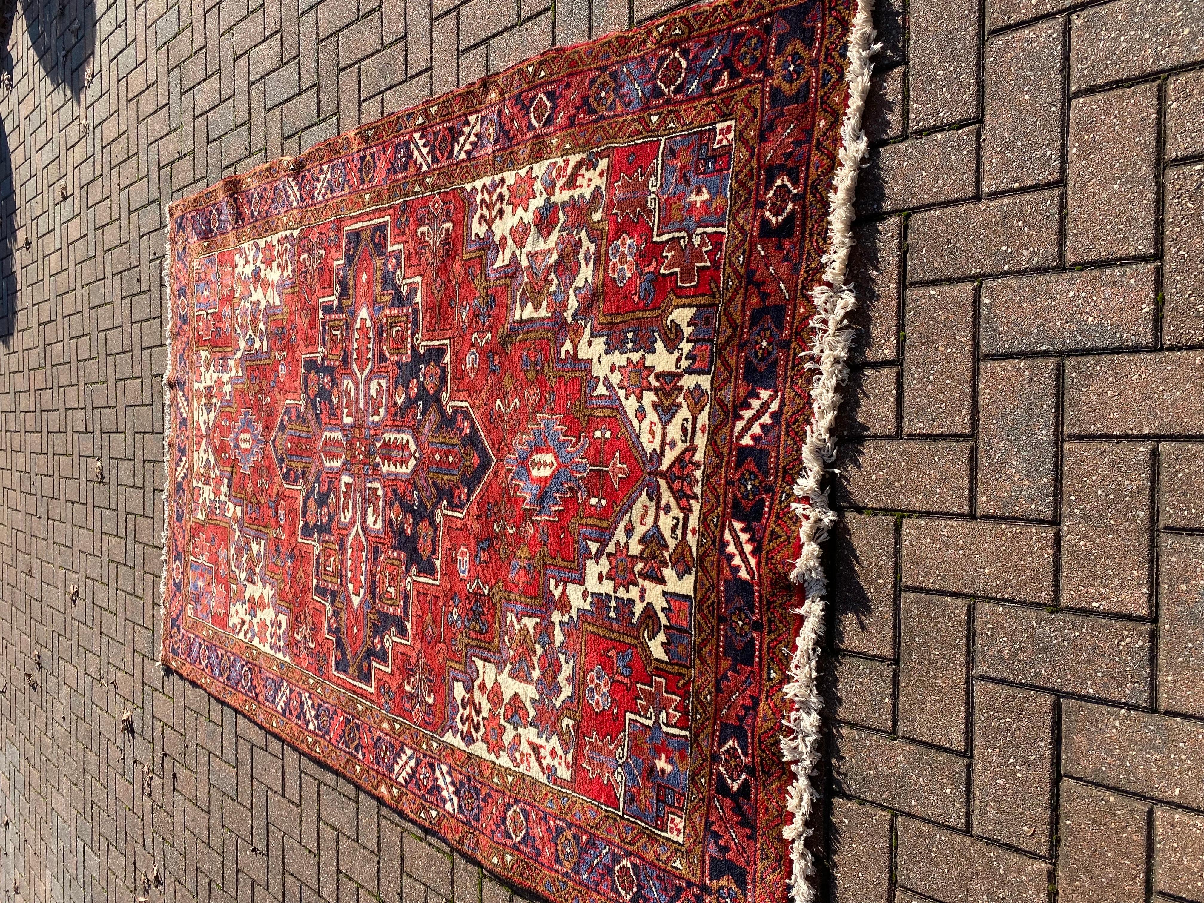 Late 20th Century Antique Persian Red Ivory and Navy Blue Geometric Tribal Heriz Rug