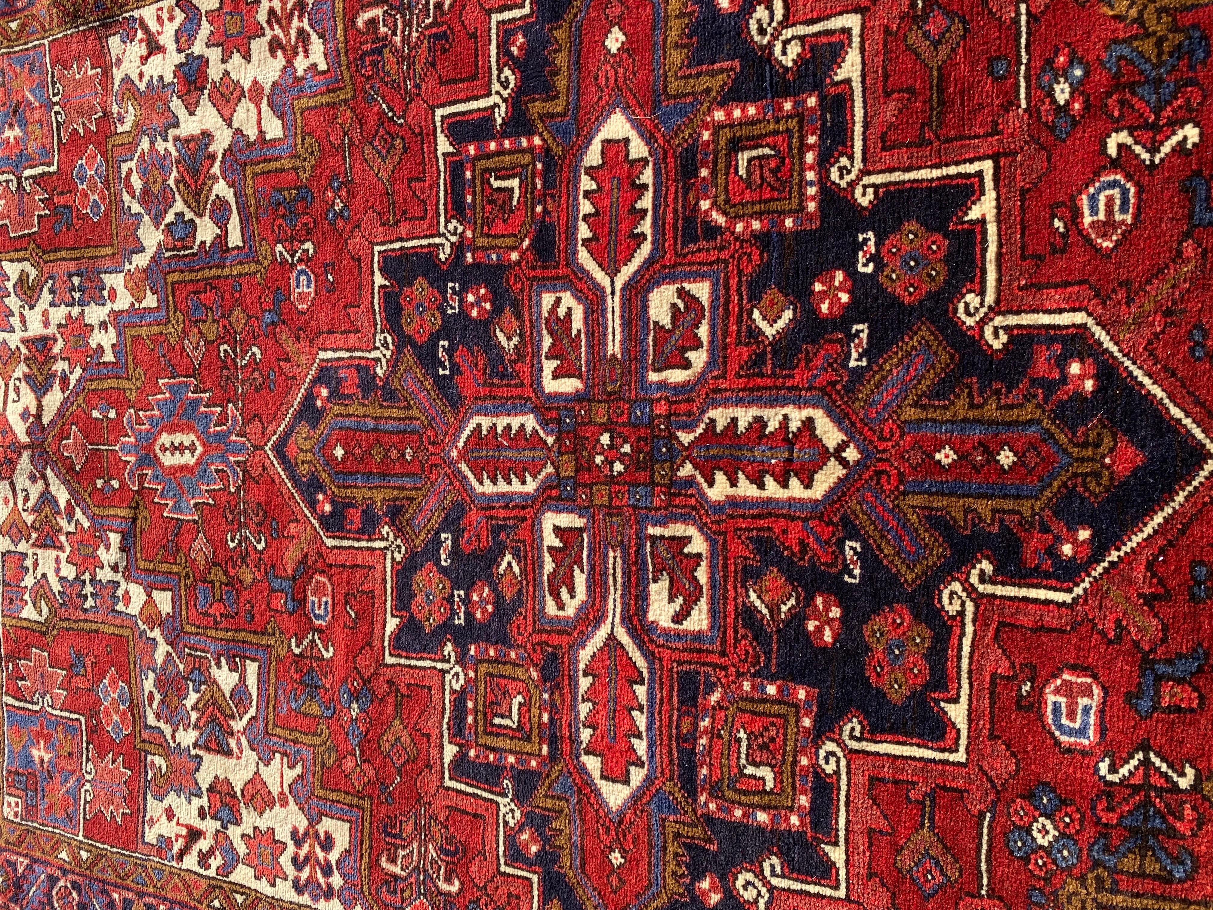 Wool Antique Persian Red Ivory and Navy Blue Geometric Tribal Heriz Rug
