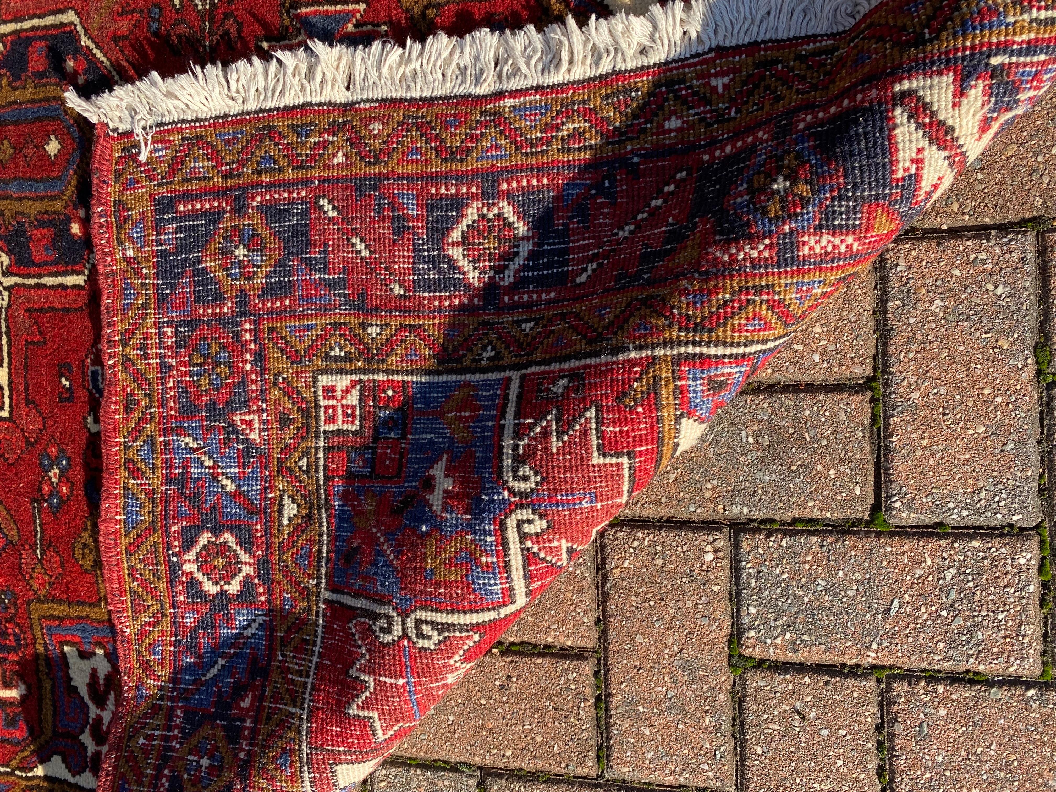 Antique Persian Red Ivory and Navy Blue Geometric Tribal Heriz Rug 1