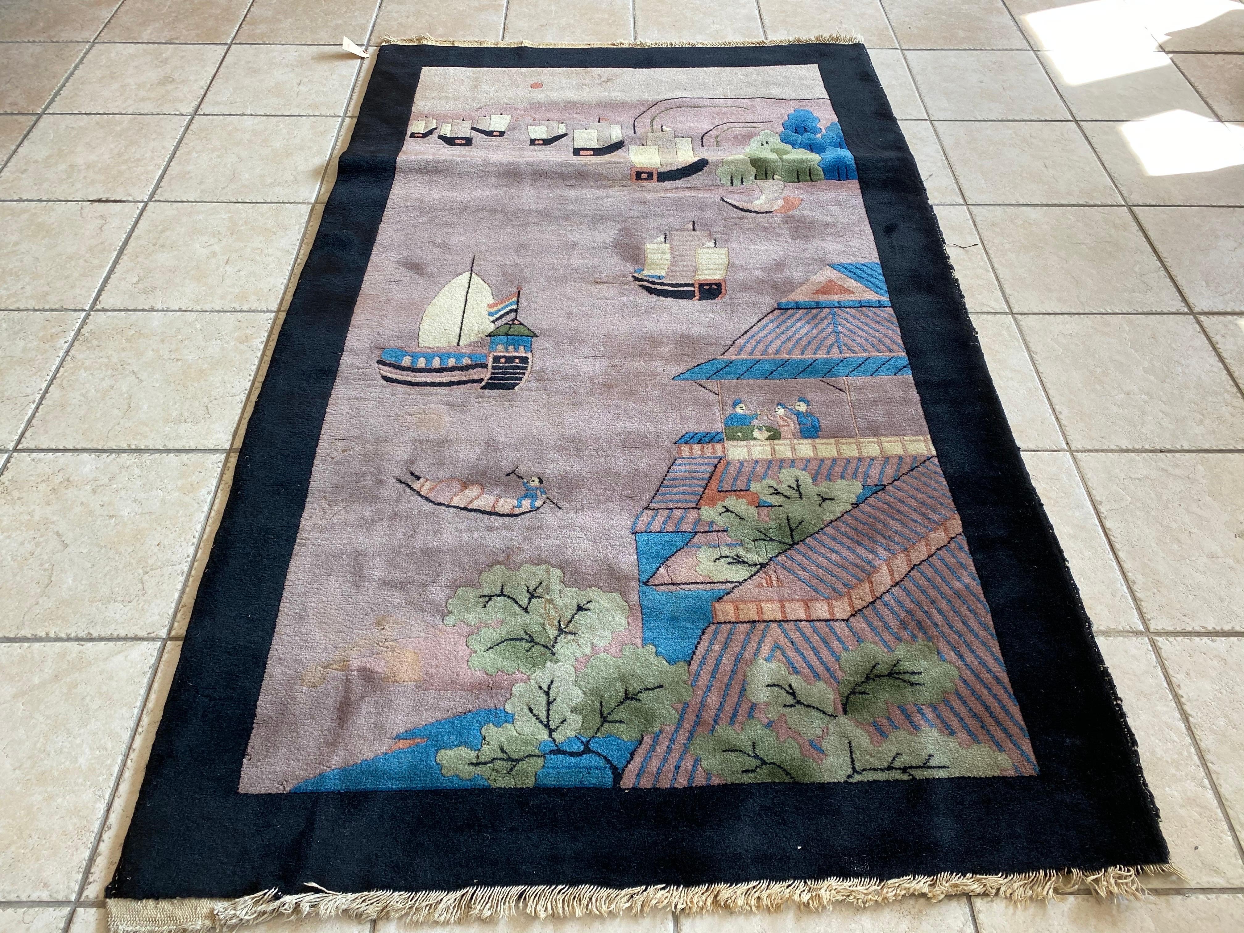 Antique Black Grey Green Blue Chinese Pictorial Area Rug with Boats, circa 1940s In Good Condition For Sale In New York, NY