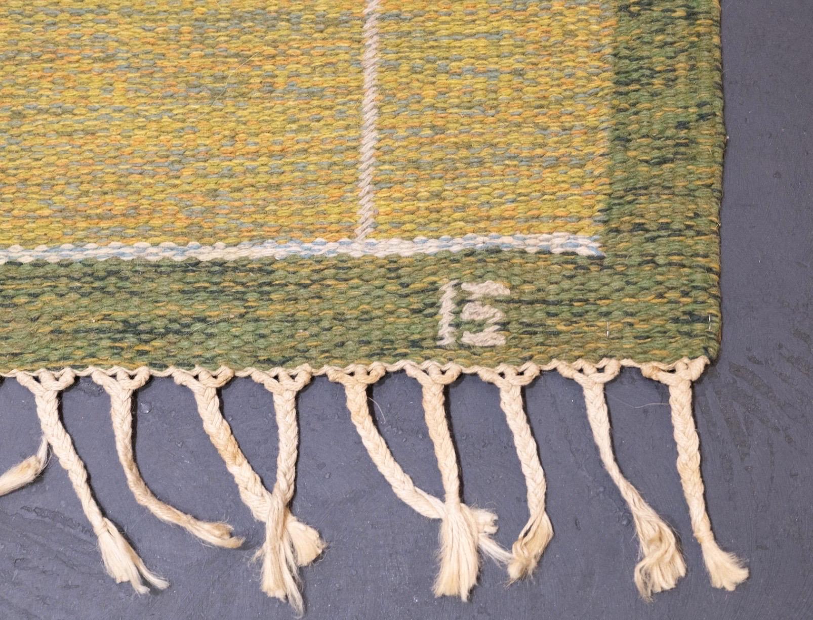 Ingegerd Silow Vintage Mid-Century Swedish Rollaken Kilim Green Rug For Sale 1