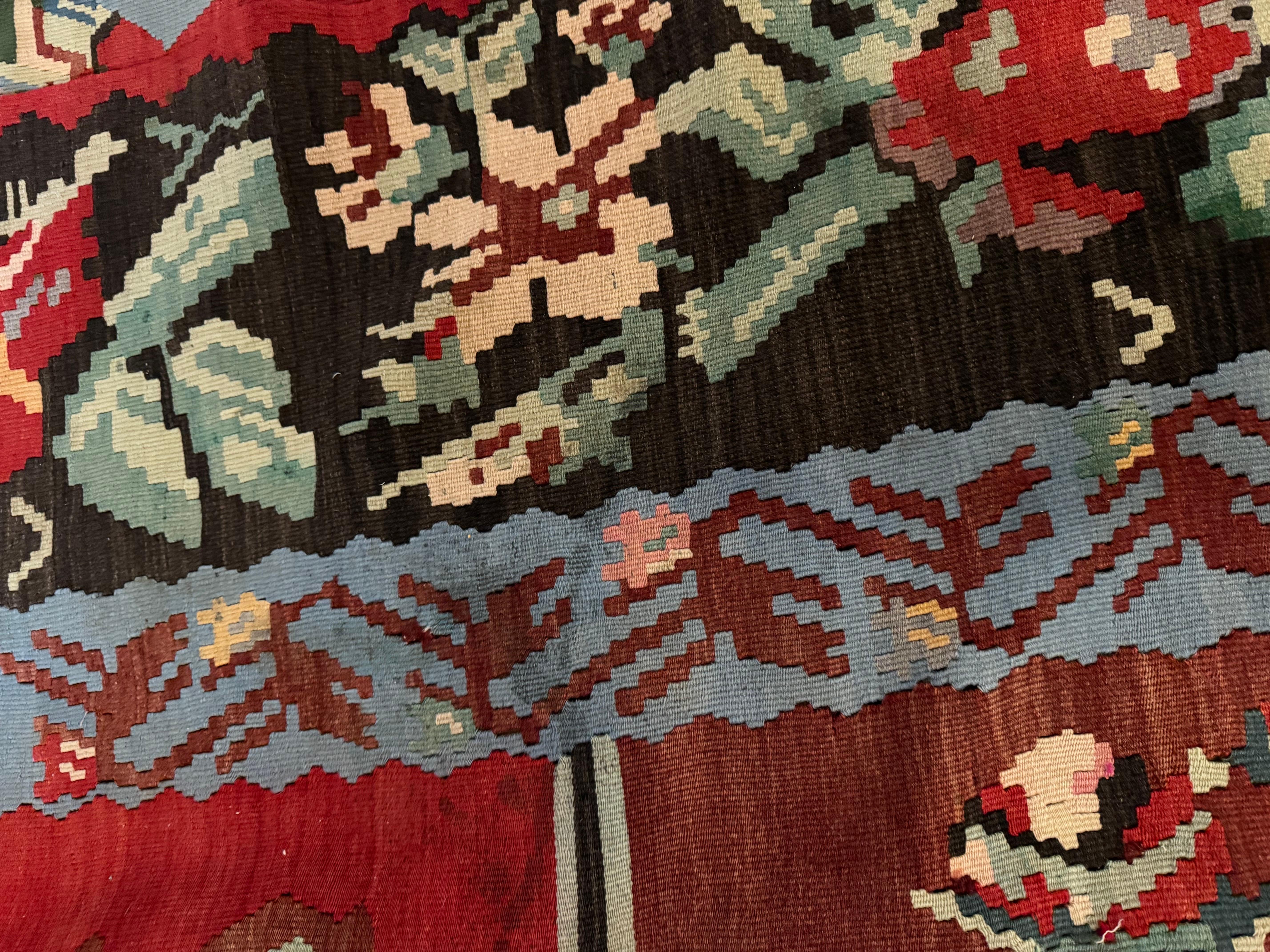Wool Vintage Mid-Century Bessarabian Kilim Red Floral Flat Weave Rug Room Size For Sale