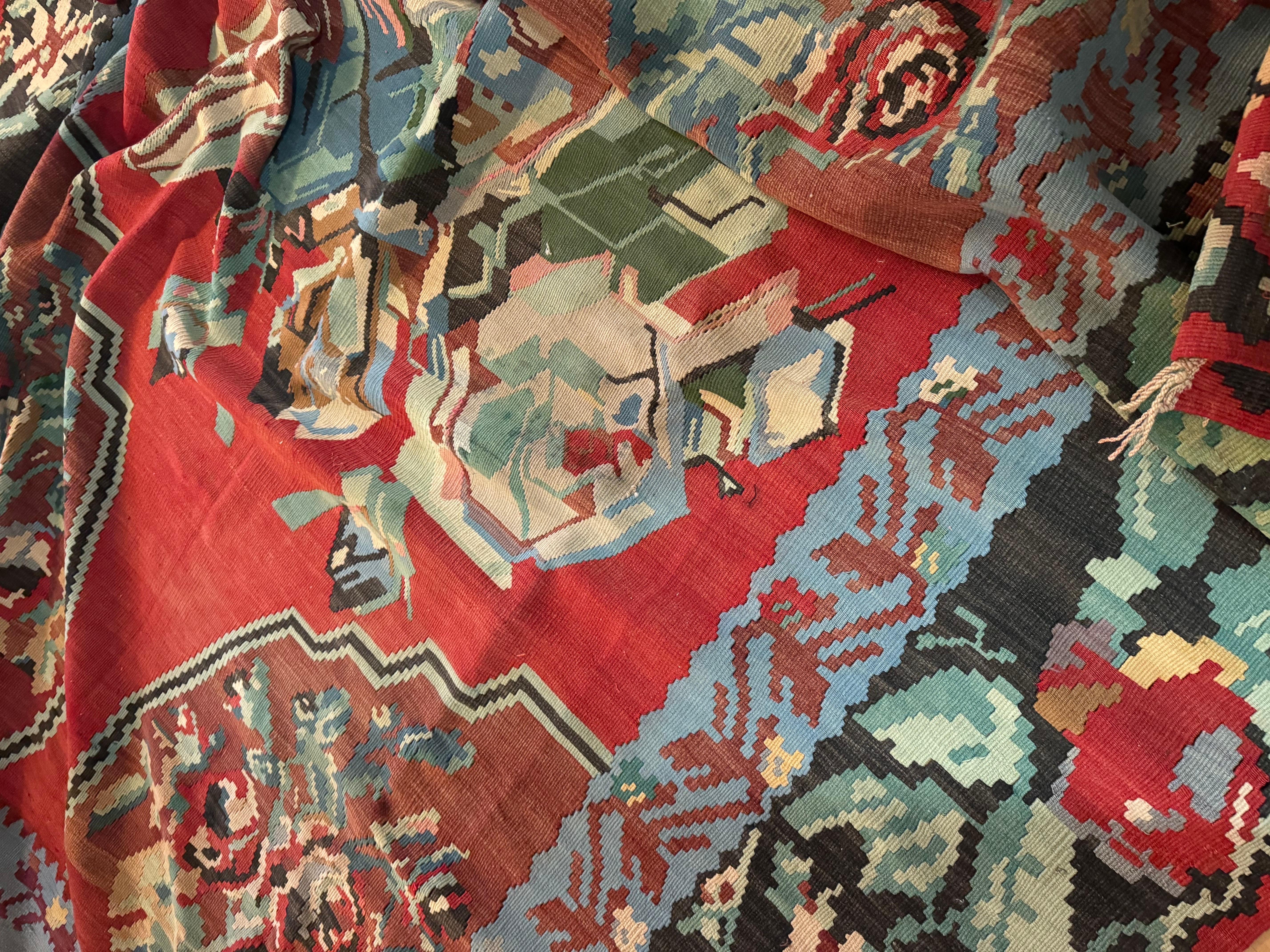 20th Century Vintage Mid-Century Bessarabian Kilim Red Floral Flat Weave Rug Room Size For Sale