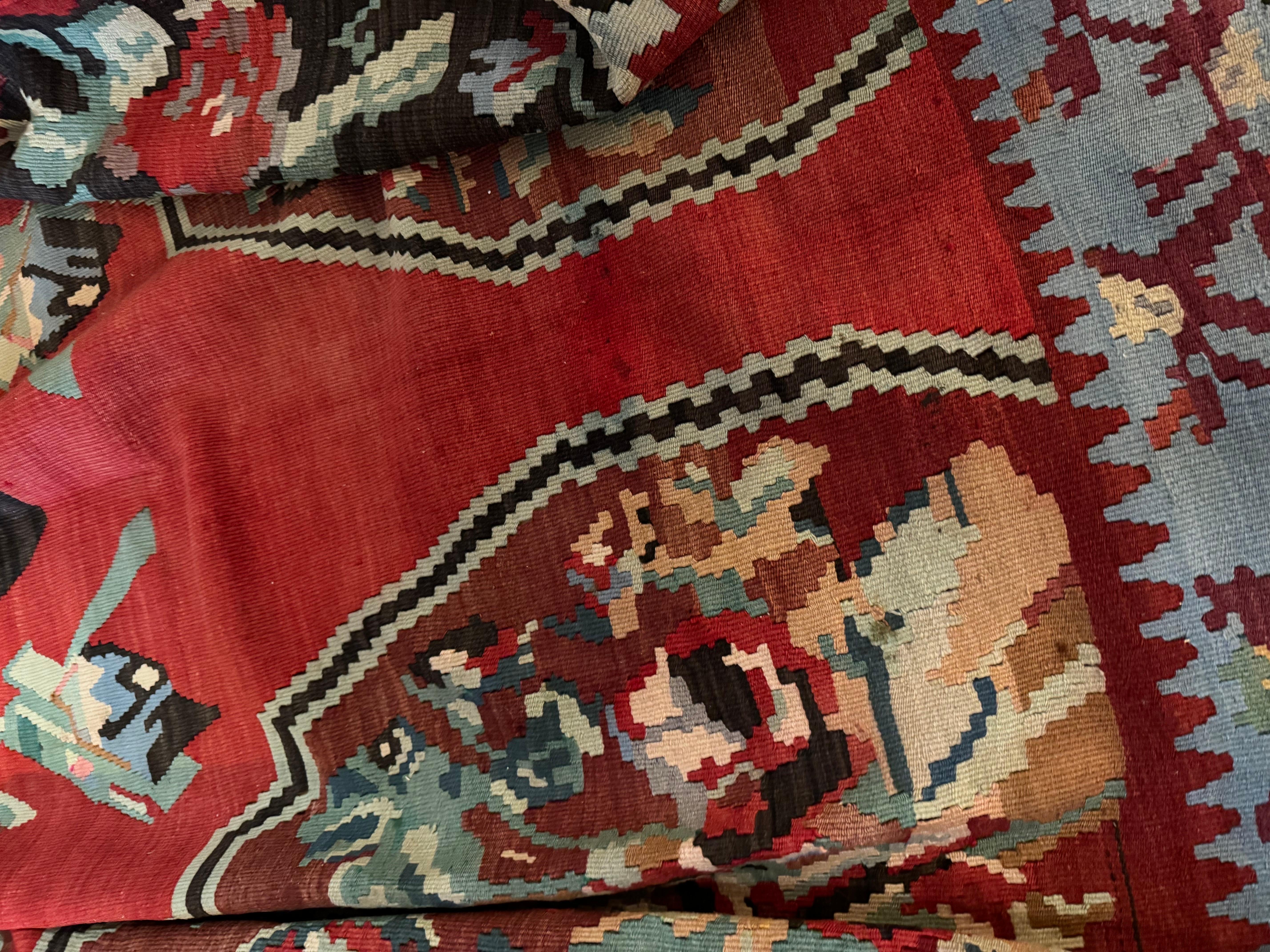 Vintage Mid-Century Bessarabian Kilim Red Floral Flat Weave Rug Room Size For Sale 2