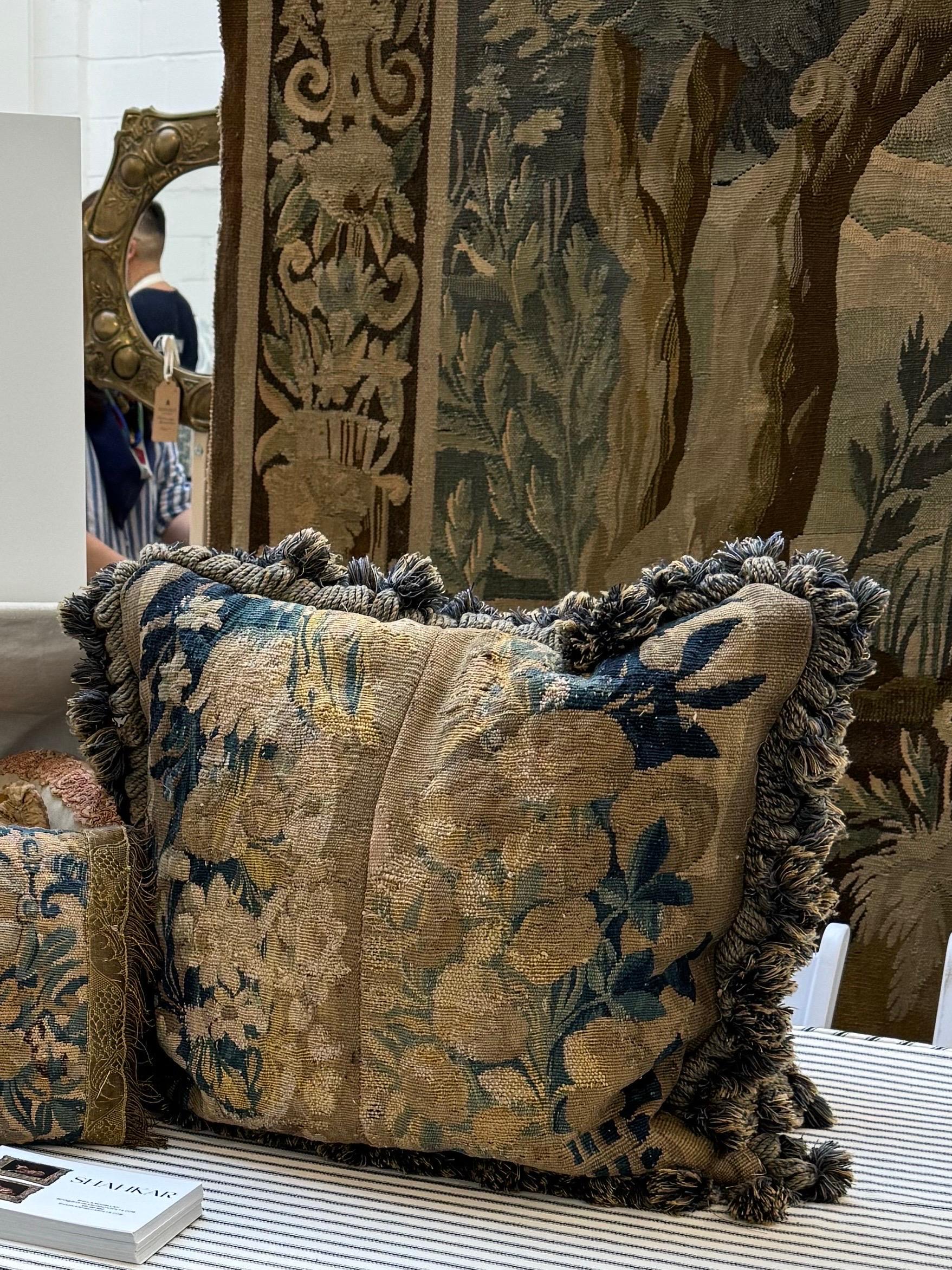 Antique 17th Century Verdure Tapestry Pillow with Foliage and Petite Tassels In Good Condition In New York, NY