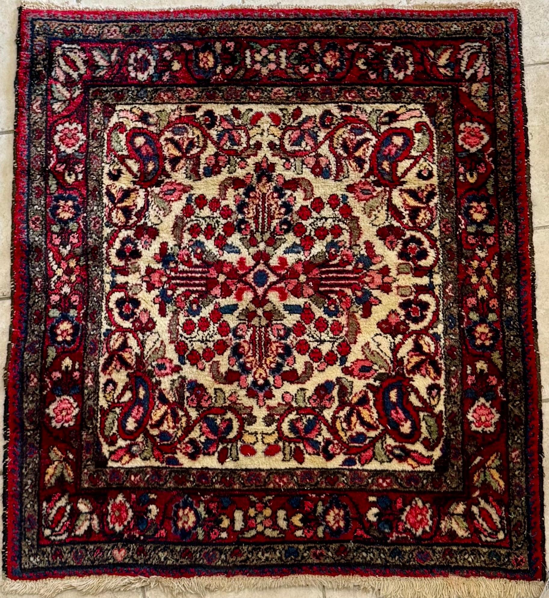 Hand-Knotted Antique Red Ivory Navy Blue Square Persian Hamedan Small Area Rug For Sale