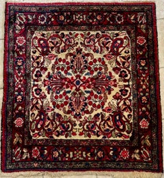 Antique Red Ivory Navy Blue Square Persian Hamedan Small Area Rug