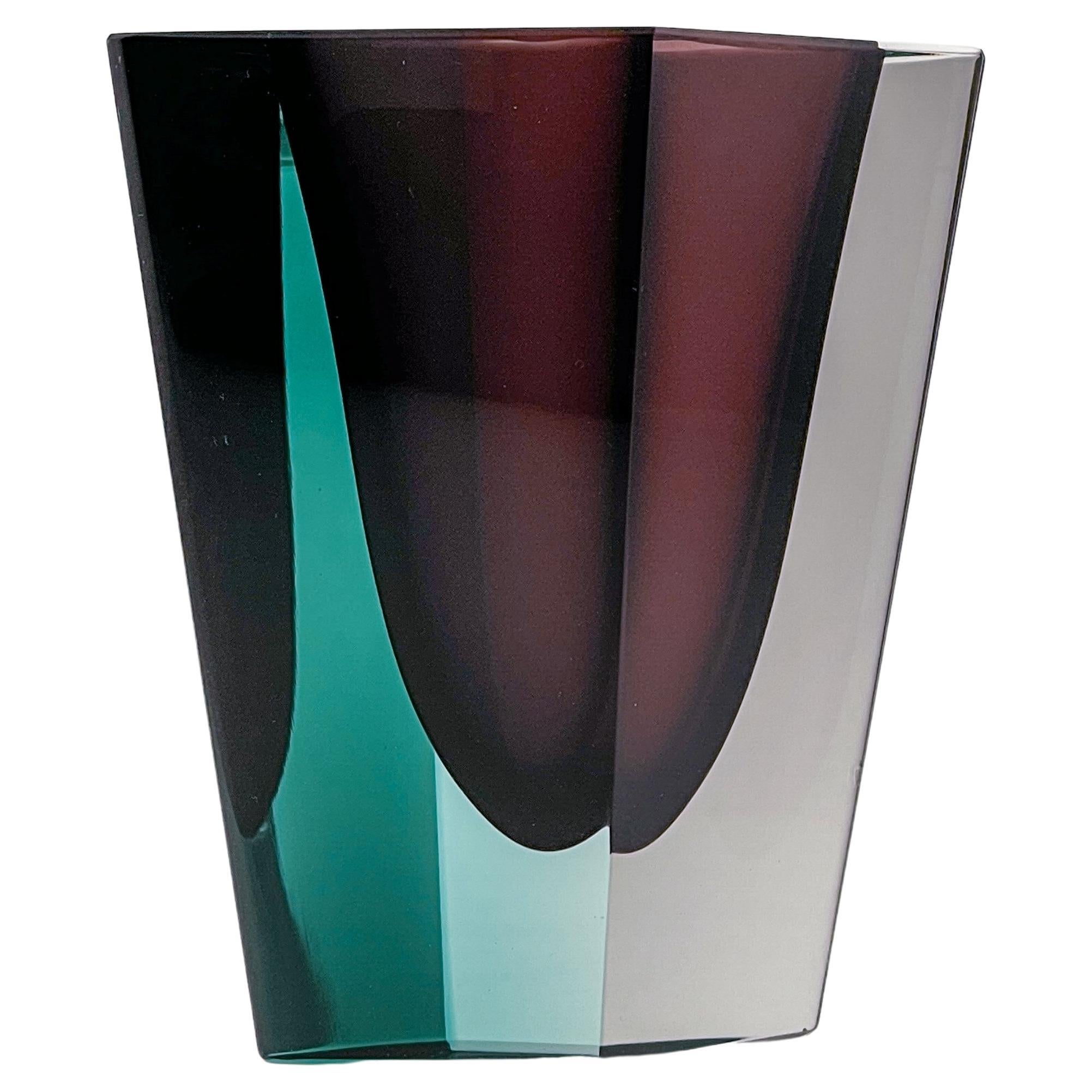 Mid Century Kaj Franck Glass Art Vase Prisma Handblown Purple Turquoise 1957 For Sale