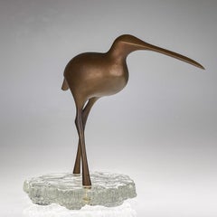 Scandinavian Modern Tapio Wirkkala Patinated Bronze Birdsculpture on Glass Stand