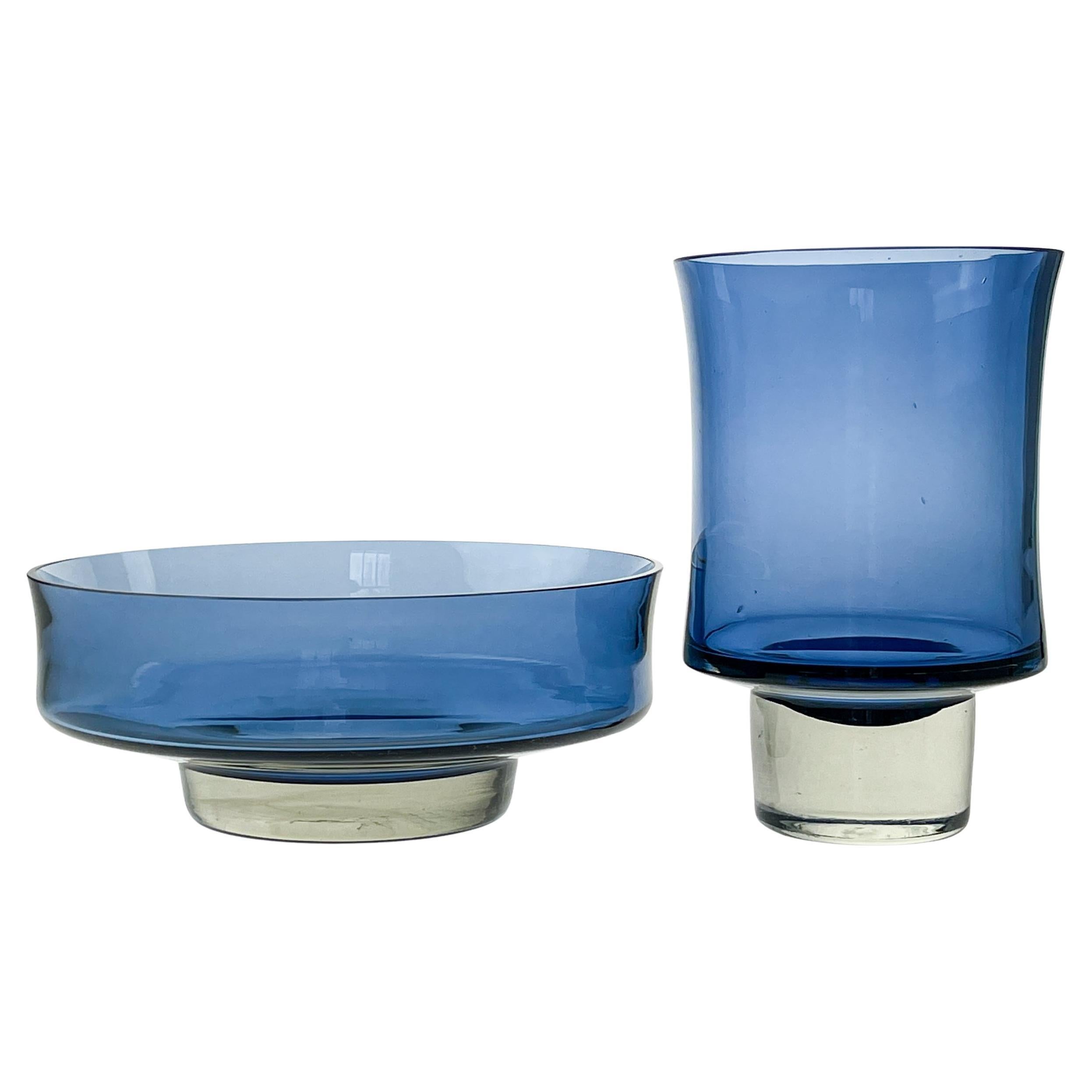 Scandinavian Modern Tapio Wirkkala Two Blue Clear Glass Art Objects Handblown  