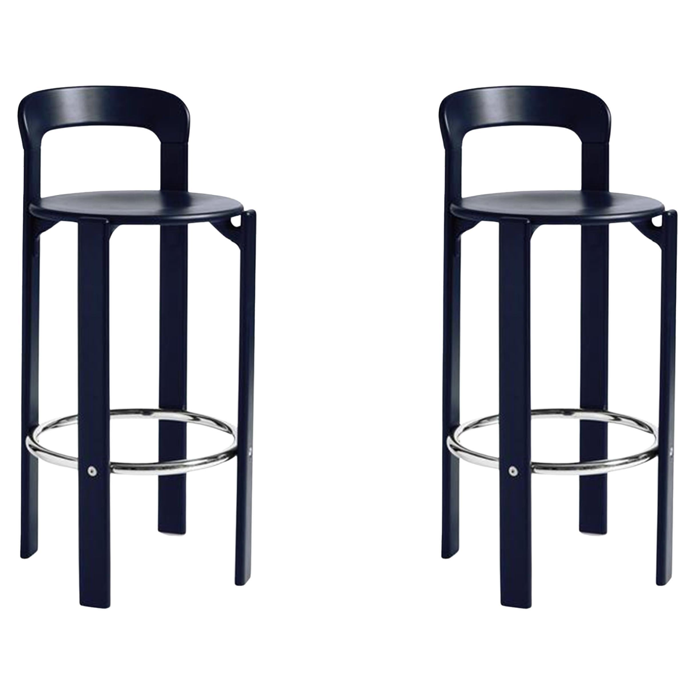 Pair of Rey Bar Stools High in Deep Blue Design by Bruno Rey for Dietiker - Hay
