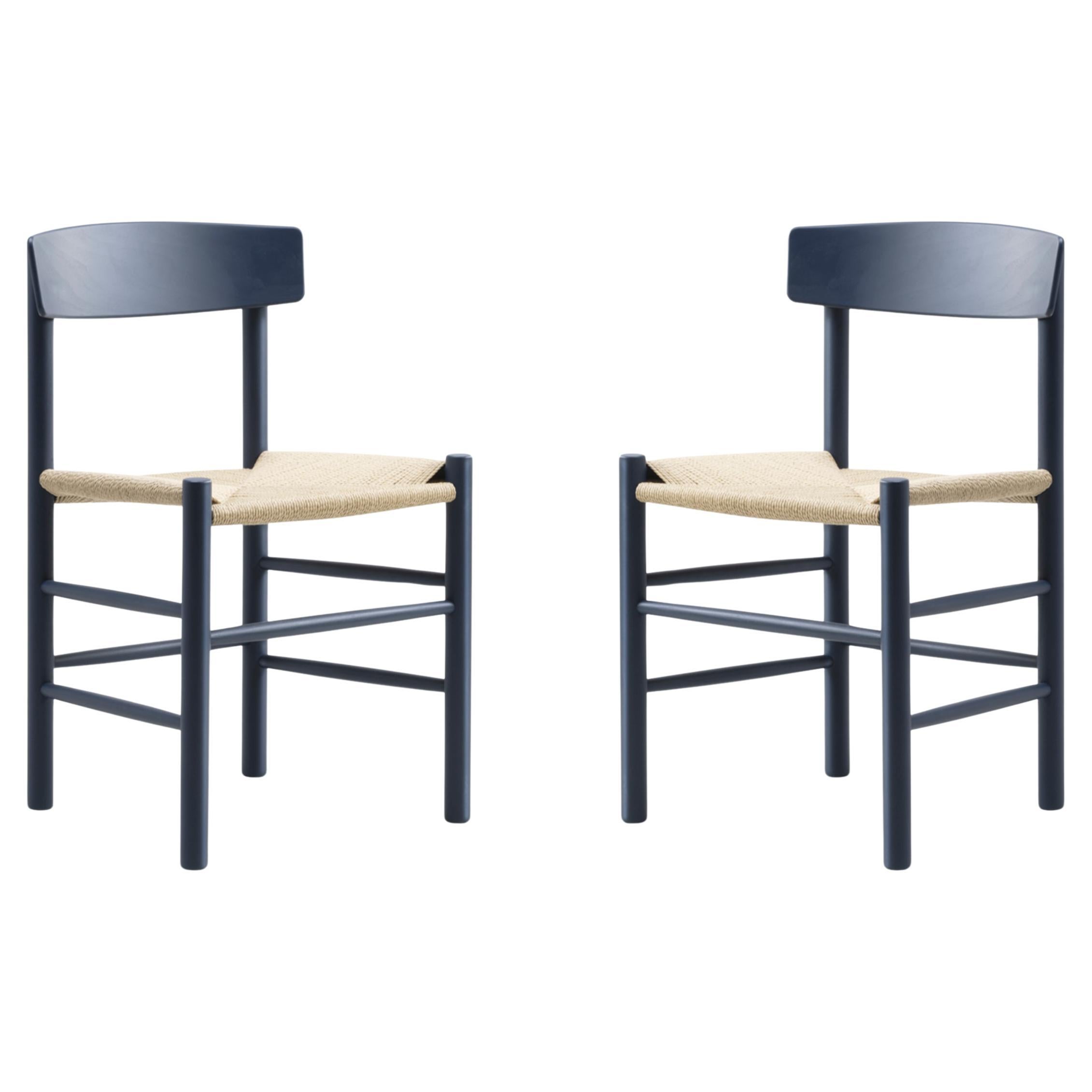 Børge Mogensen Pair of J39 Mogensen Chairs, Natural Paper Cord/Beech Indigo Blue