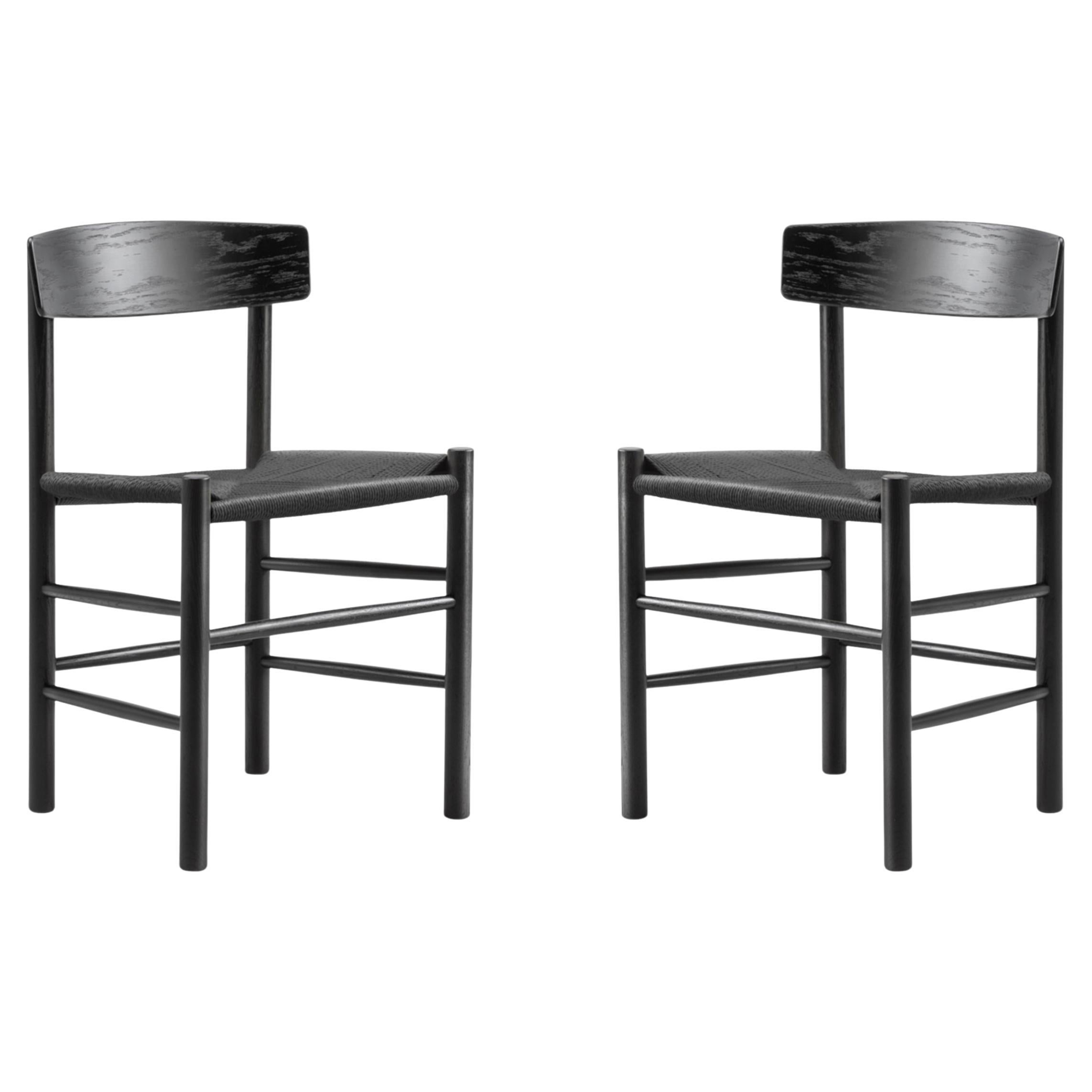 Børge Mogensen Pair of J39 Mogensen Chairs, Black Paper Cord/Black Lacquered Oak For Sale
