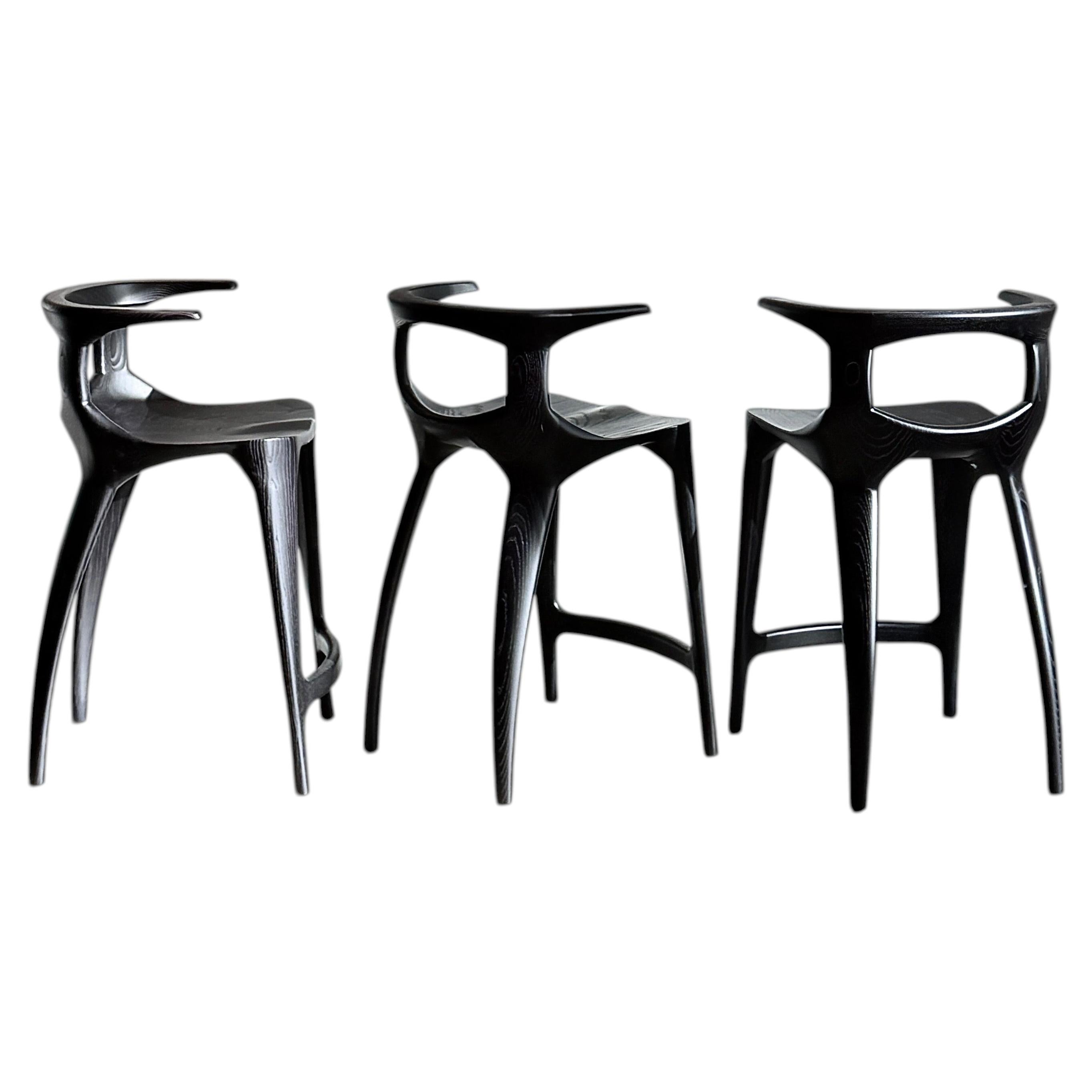 Set of 3  - Sculptural 'Mammut' Counter Stool - Solid Black Ash - In Stock