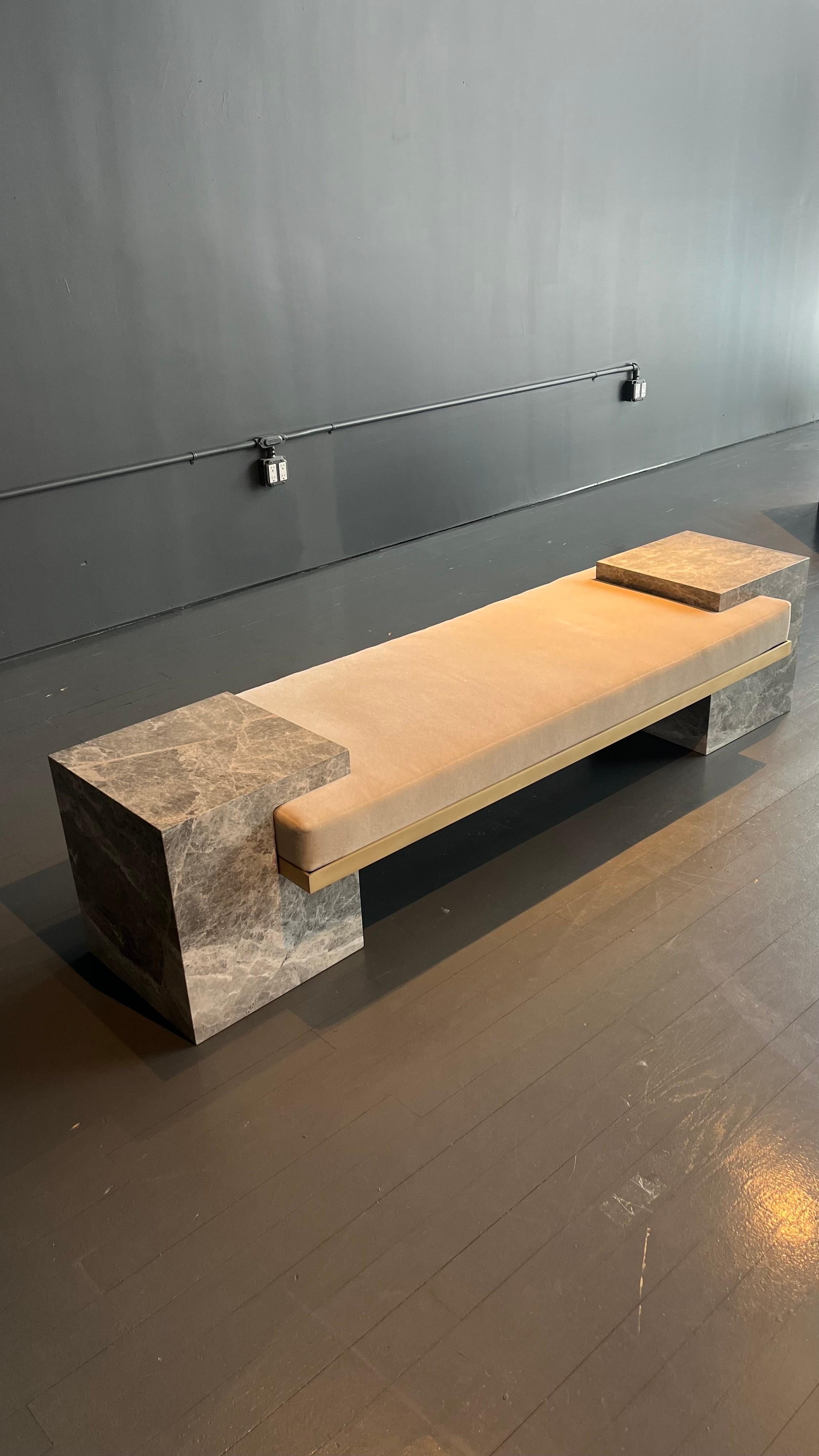American Marble, Brass, and Mohair Coexist Bench by Slash Objects For Sale