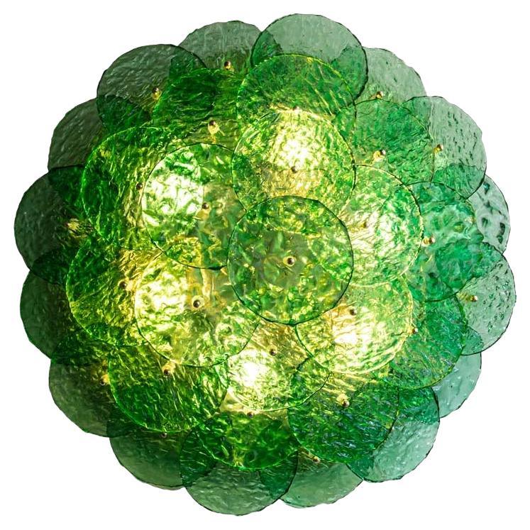 Flash Mount Ceiling / Wall Light Murano Emerald Green Textured Blown Disc Glass For Sale