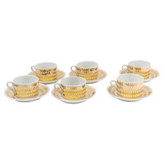 1960s Set of Six Fornasetti Tea Cups and Saucers White and Gold Ceramic Signed