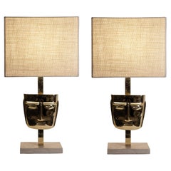 Bafta Mask Table Lamps, Italian Design, Brass & Travertine Base, 1970s