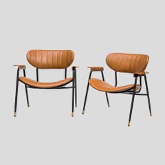 Pair of armchairs brown leather upholstery black by Gastone Rinaldi for Rima