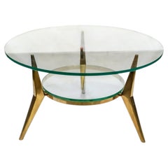 Table ronde vintage à deux niveaux, en laiton et verre, dans le style de Gio Ponti
