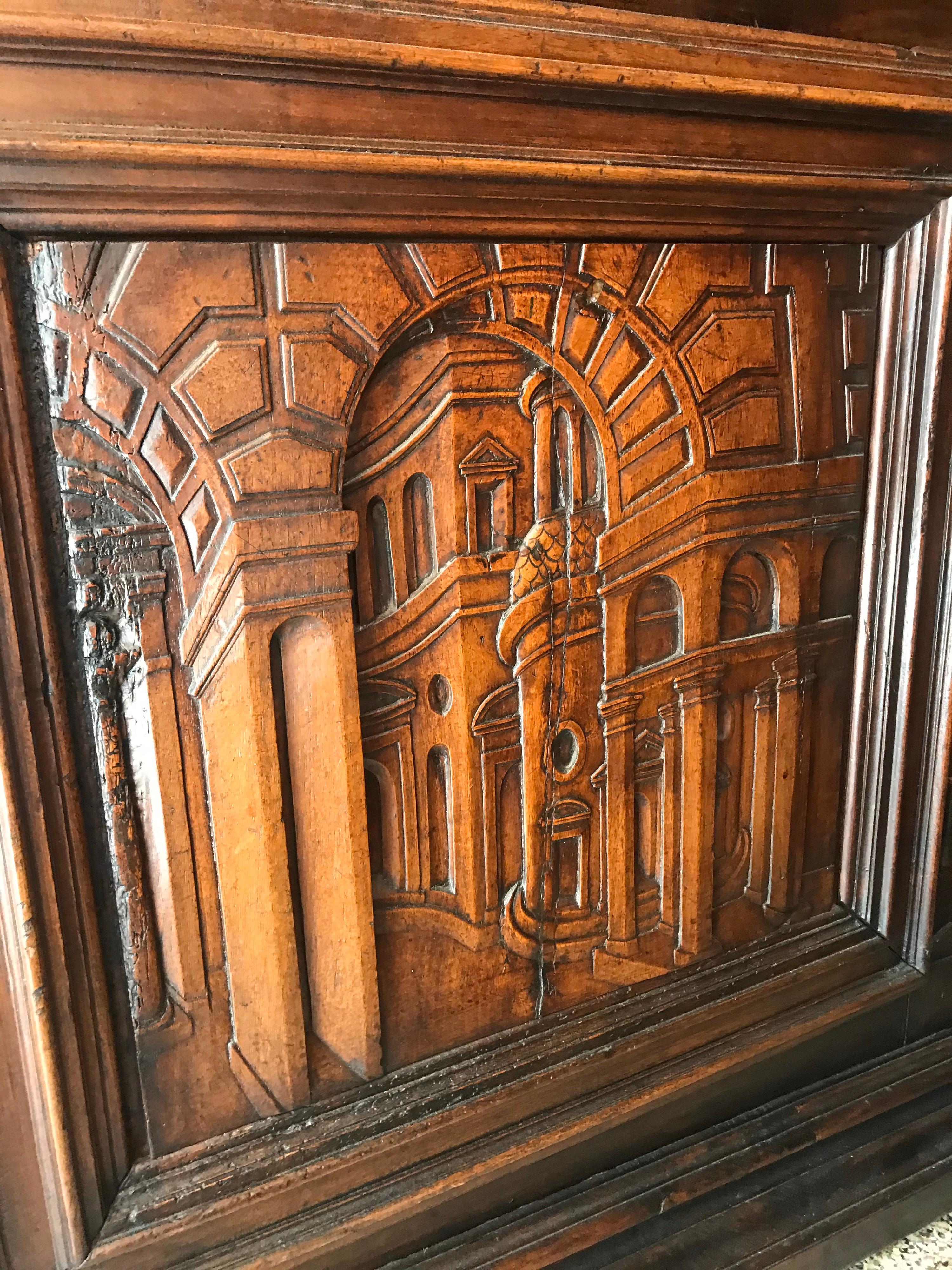 18th Century Italian Carved Walnut Cupboard with Italian Scenes Carved in Doors 2
