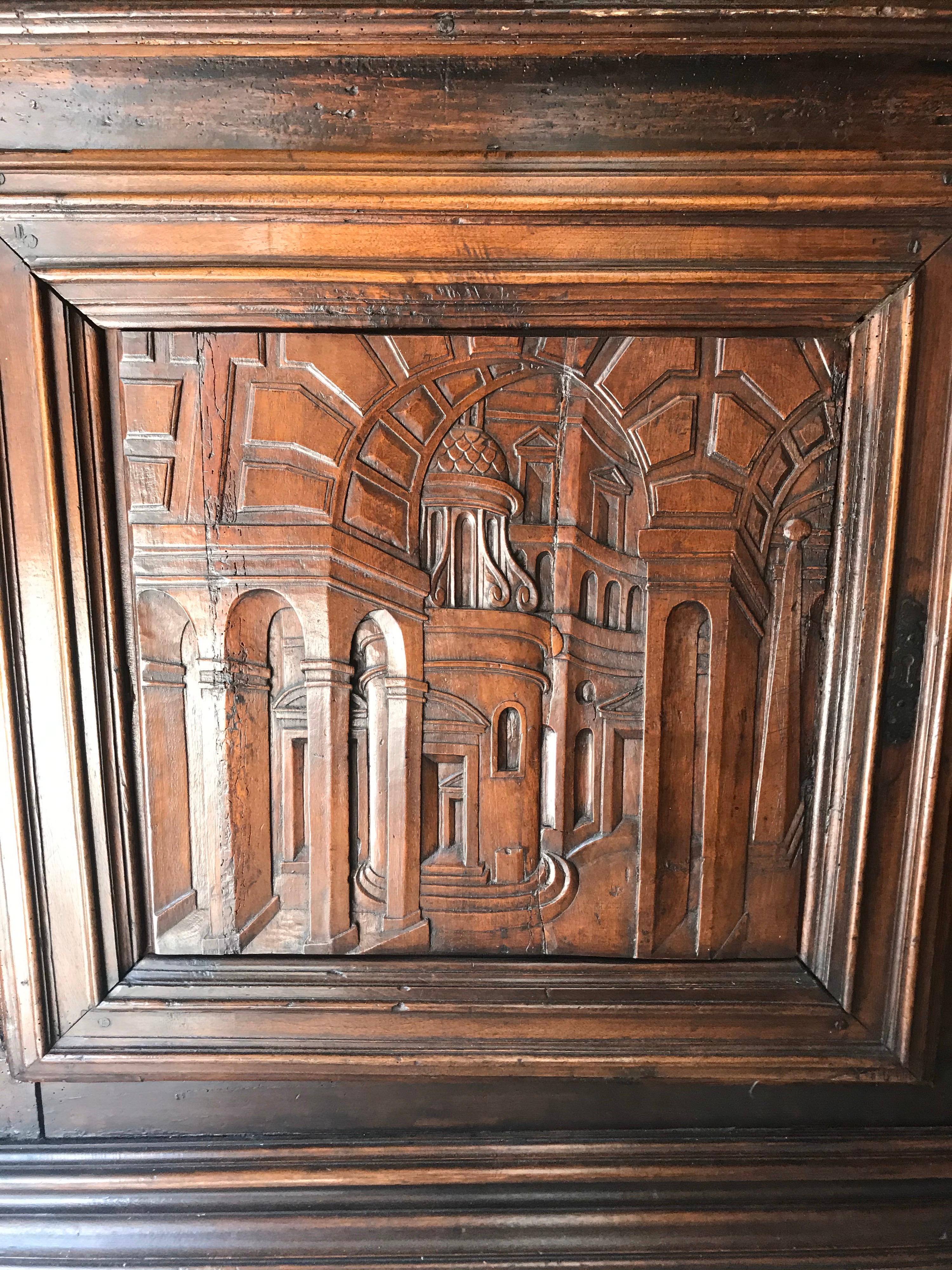 18th Century Italian Carved Walnut Cupboard with Italian Scenes Carved in Doors 1