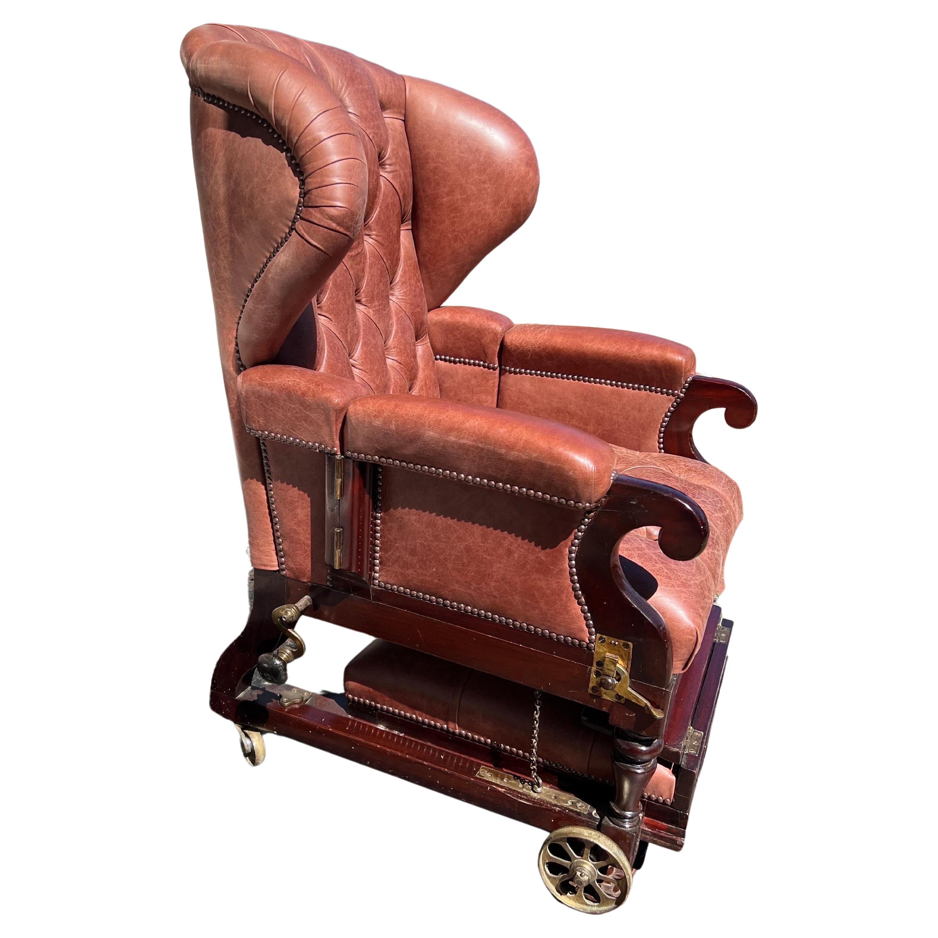Labeled 19th Century London Made Reclining Mechanical Library Chair on Castors For Sale