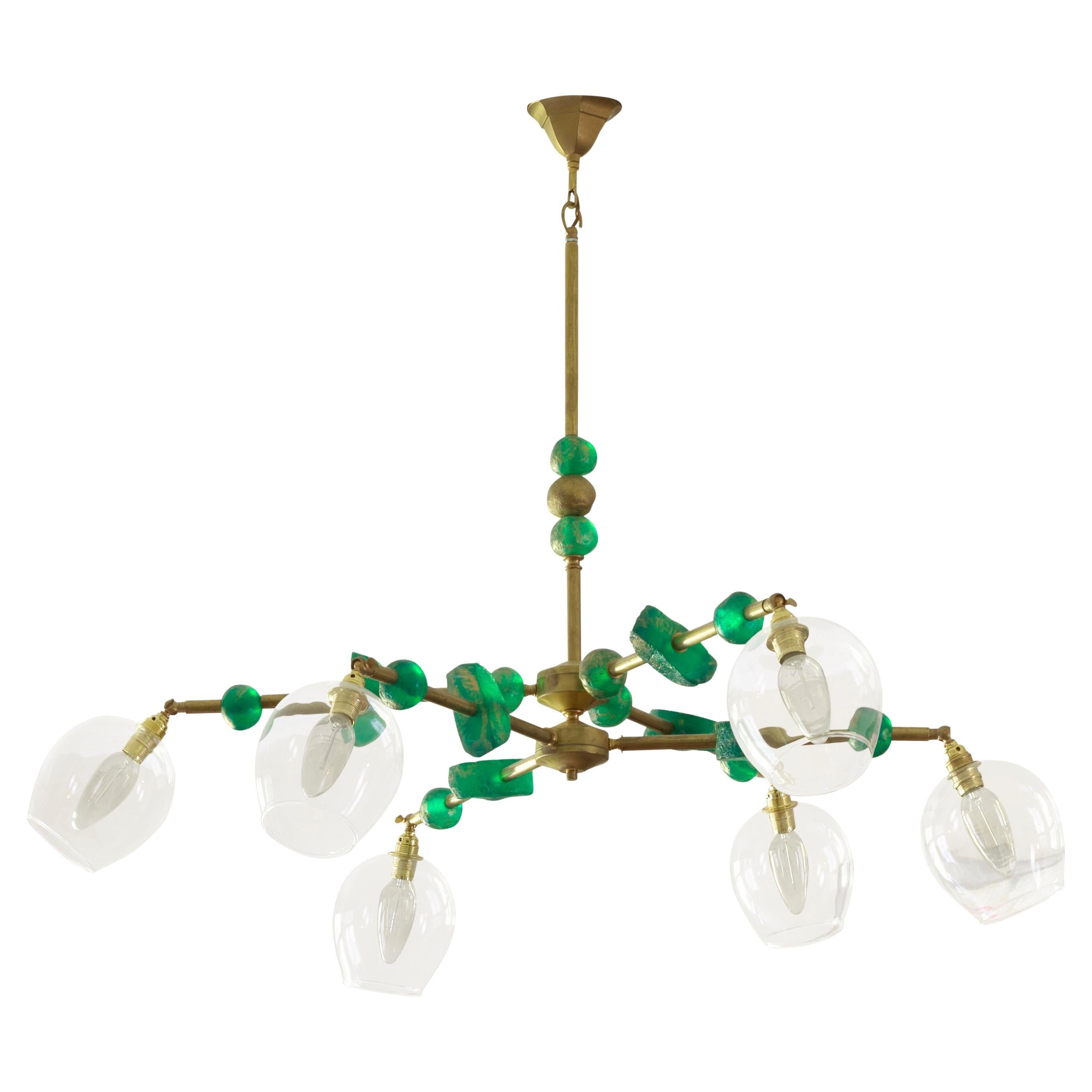 Emerald Contemporary Chandelier, Brass with Sculpted Spheres by Margit Wittig