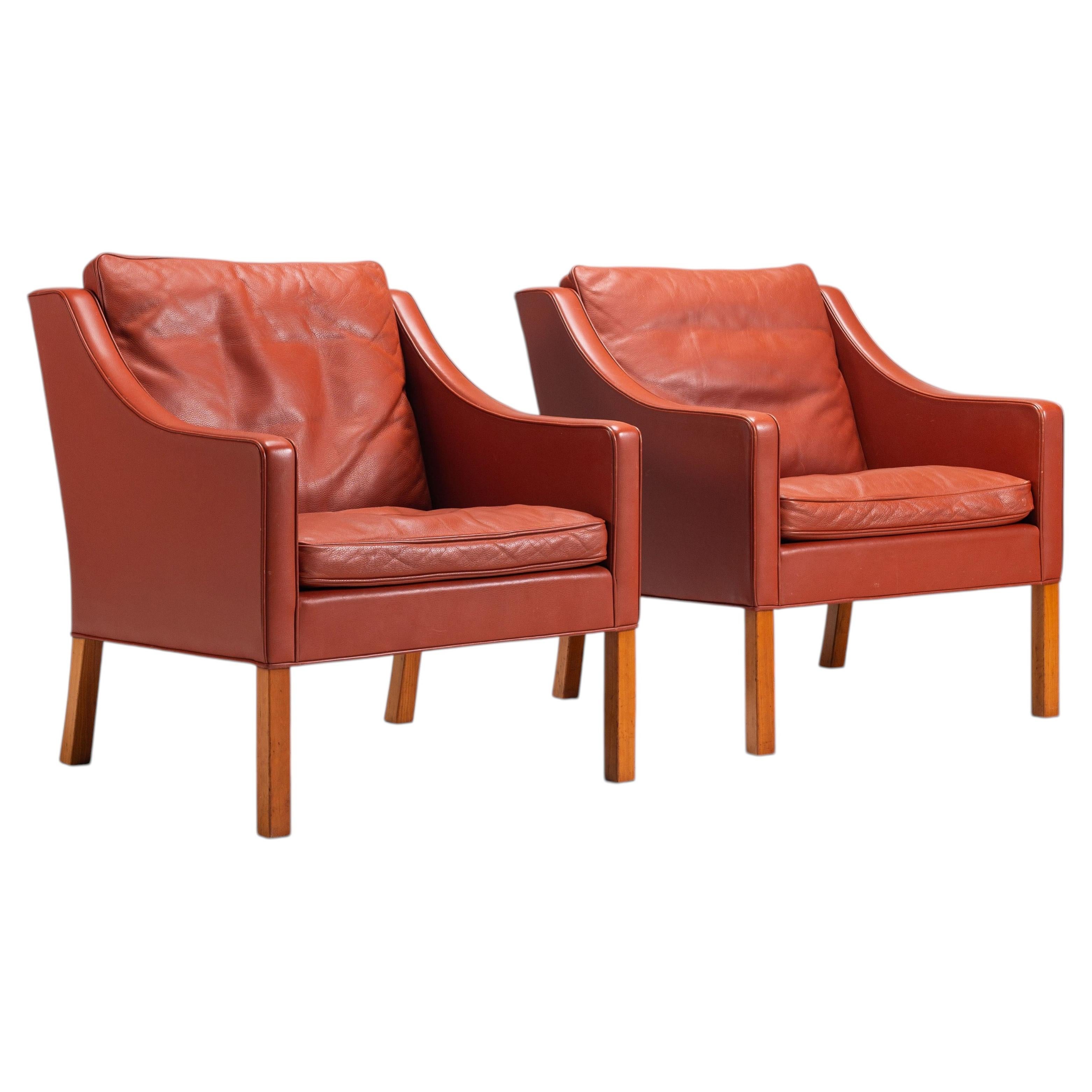 Borge Mogensen cognac leather lounge chairs Fredericia Stolefabrik Denmark 1963 For Sale