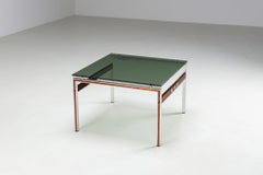 Scandinavian coffee table in metal, teak and smoked glass Denmark 1960