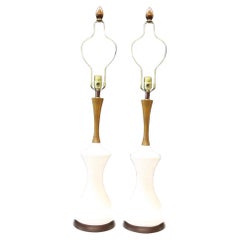 Pair Mid-Century Textured Ceramic and Wood Hourglass Shaped Lamps
