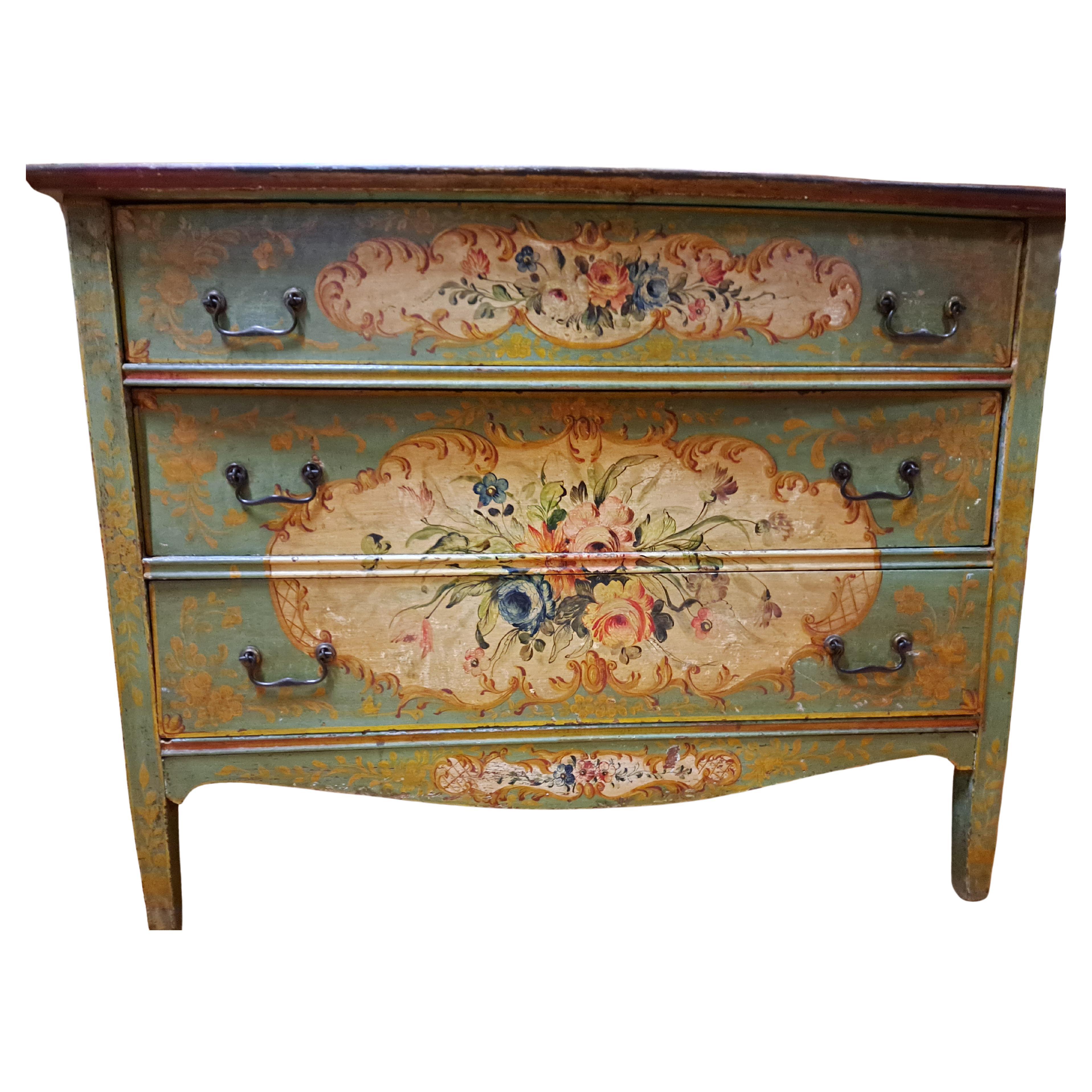 Early 20th C. Italian Rococo Style Handpainted 3-Drawer Commode For Sale