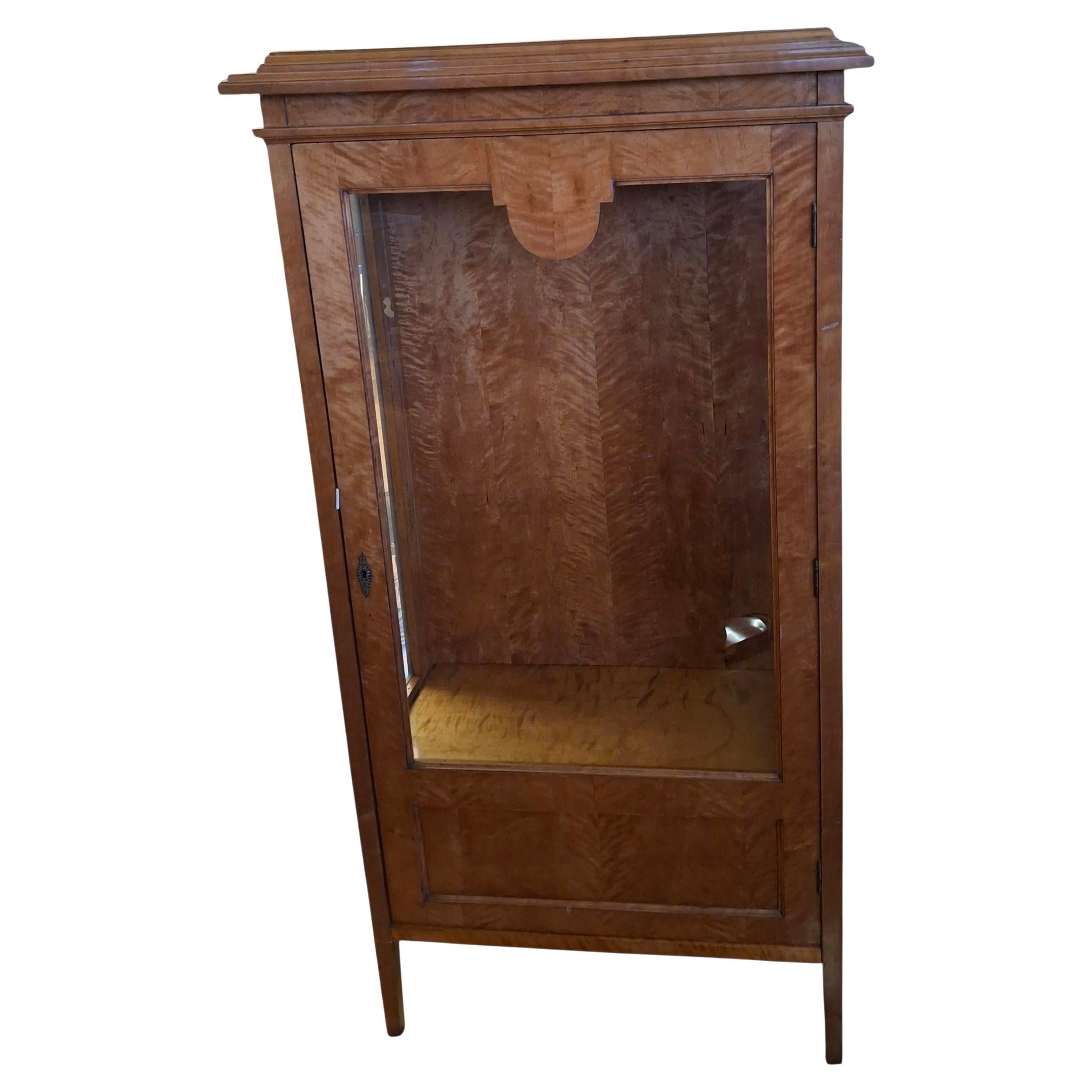 Splendida vetrina Biedermeier impiallacciata in acero tigrato.  Presenta un'anta in vetro e i lati della galleria in vetro, quattro ripiani, due dei quali regolabili con perni.  L'etichetta metallica all'interno della porta riporta il nome di A.