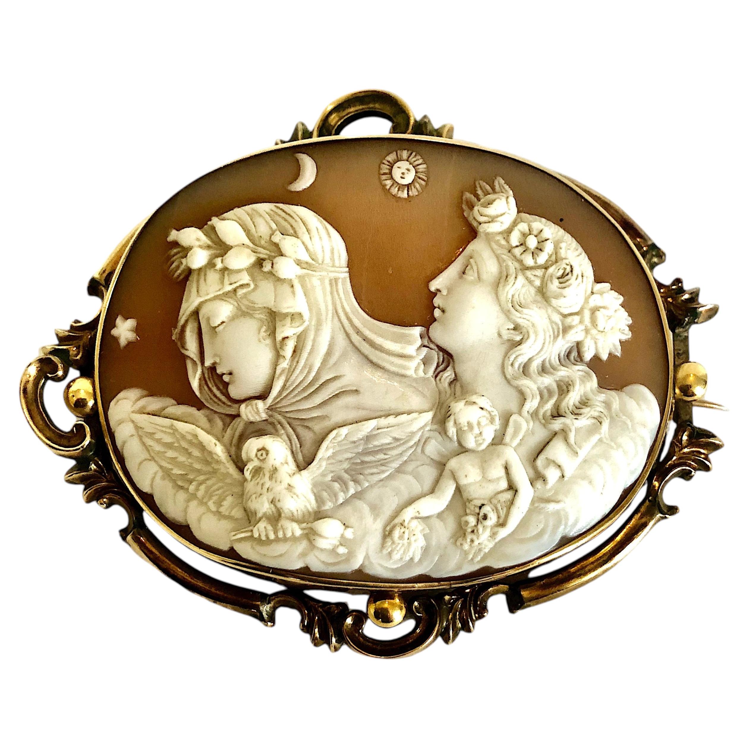 Antique Shell Cameo Brooch Depicting Mythological Night and Day, with Case
