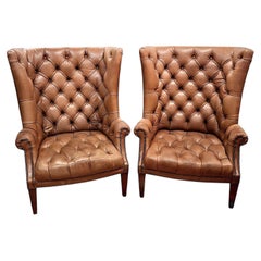 Pair of High-Back, Barrel-Shape Tufted Leather Armchairs with Brass Nailheads