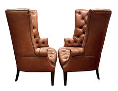 Pair of High-Back, Barrel-Shape Tufted Leather Armchairs with Brass Nailheads