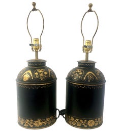 Pair of Antique Tole Black and Gilt Decorated Tea Canisters as 20thC Lamps
