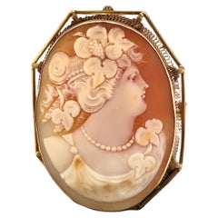 Victorian Shell Cameo Brooch Pendant, Hand-Carved, Gold Setting