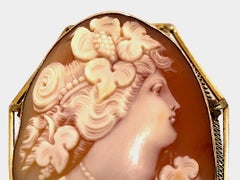 Victorian Shell Cameo Brooch Pendant, Hand-Carved, Gold Setting