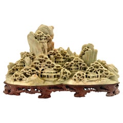 Vintage Chinese Soapstone Carving of a Serene Mountain Village