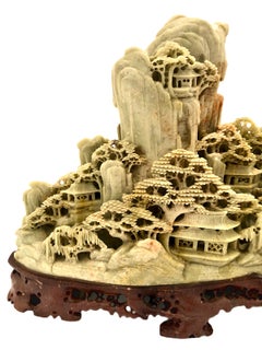 Vintage Chinese Soapstone Carving of a Serene Mountain Village
