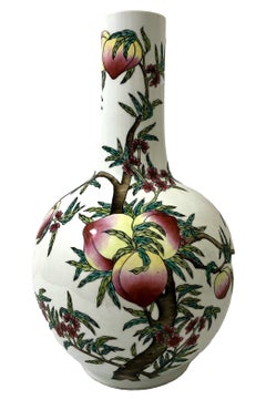 Pair of Large Chinese Famille Rose Hand-painted Porcelain “Nine Peaches” Vases