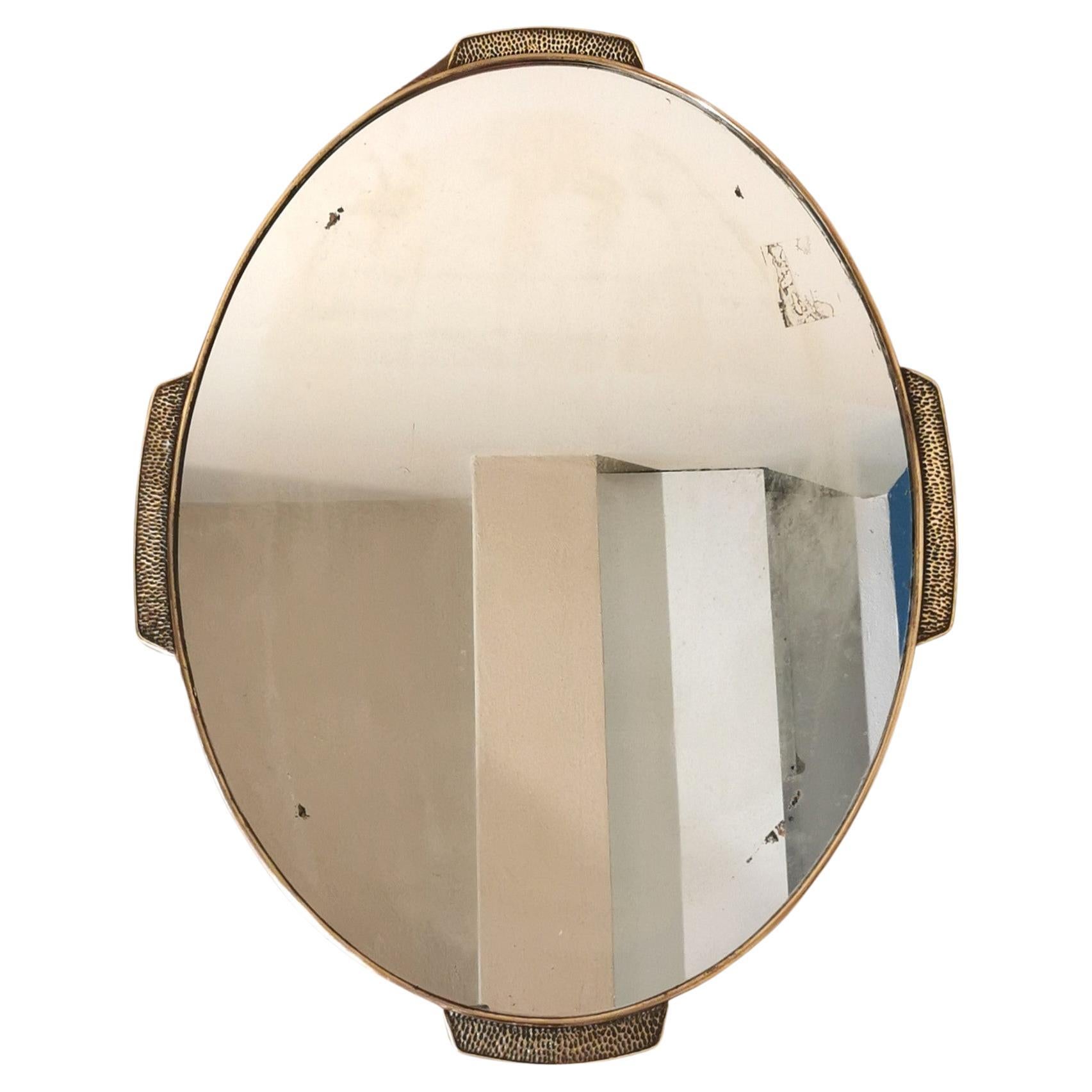 Mid Century Wall Mantel Mirror Brass Hammered Oval Italian Design 1950s