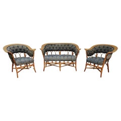 Set von 3 Sesseln, Sofa, Wohnzimmer, Garten, Rattan, Bambus, Stoff, Mid-Century, Italien