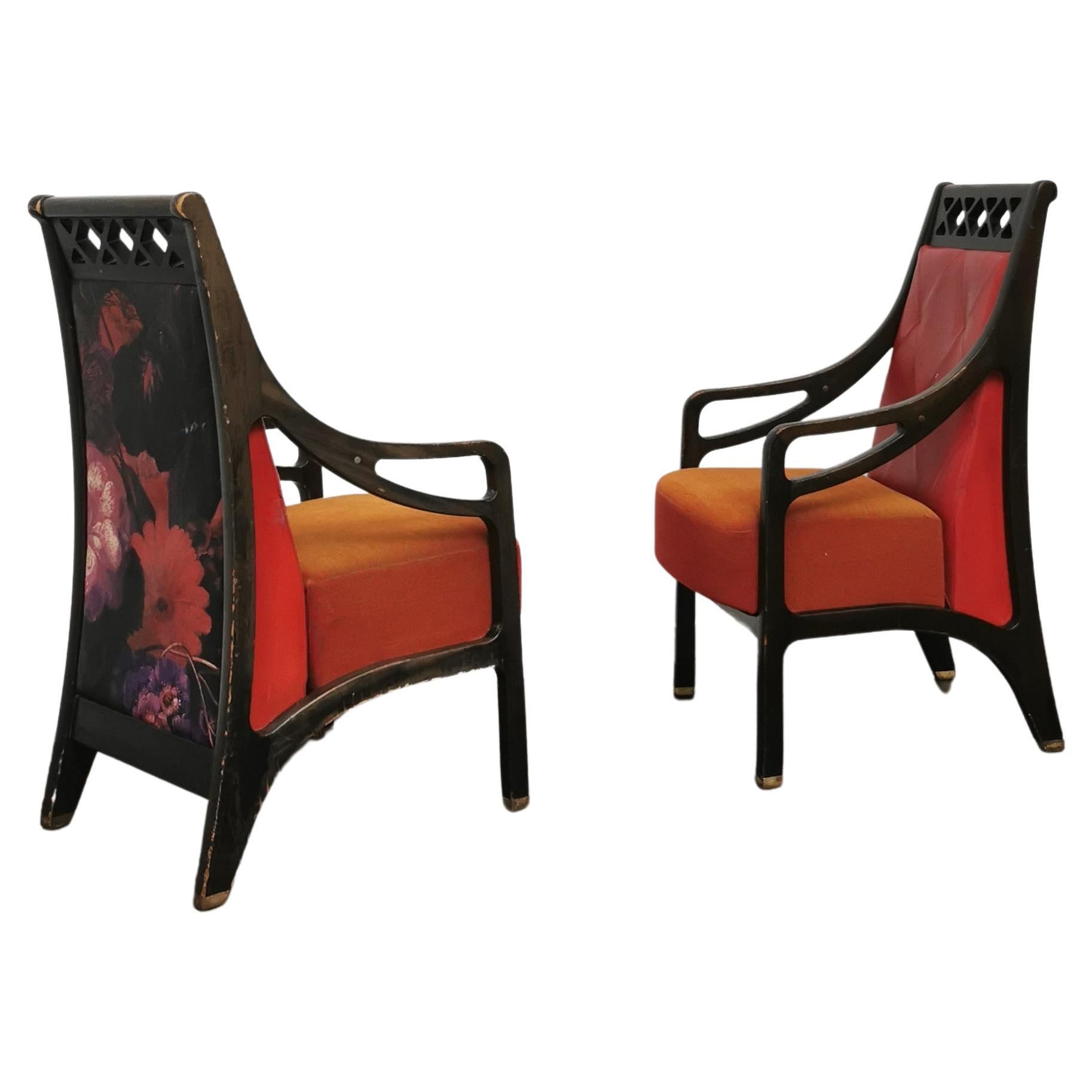 Art Deco Armchairs Wood Velvet Red Leather Brass Italian Design 1930s Set of 2