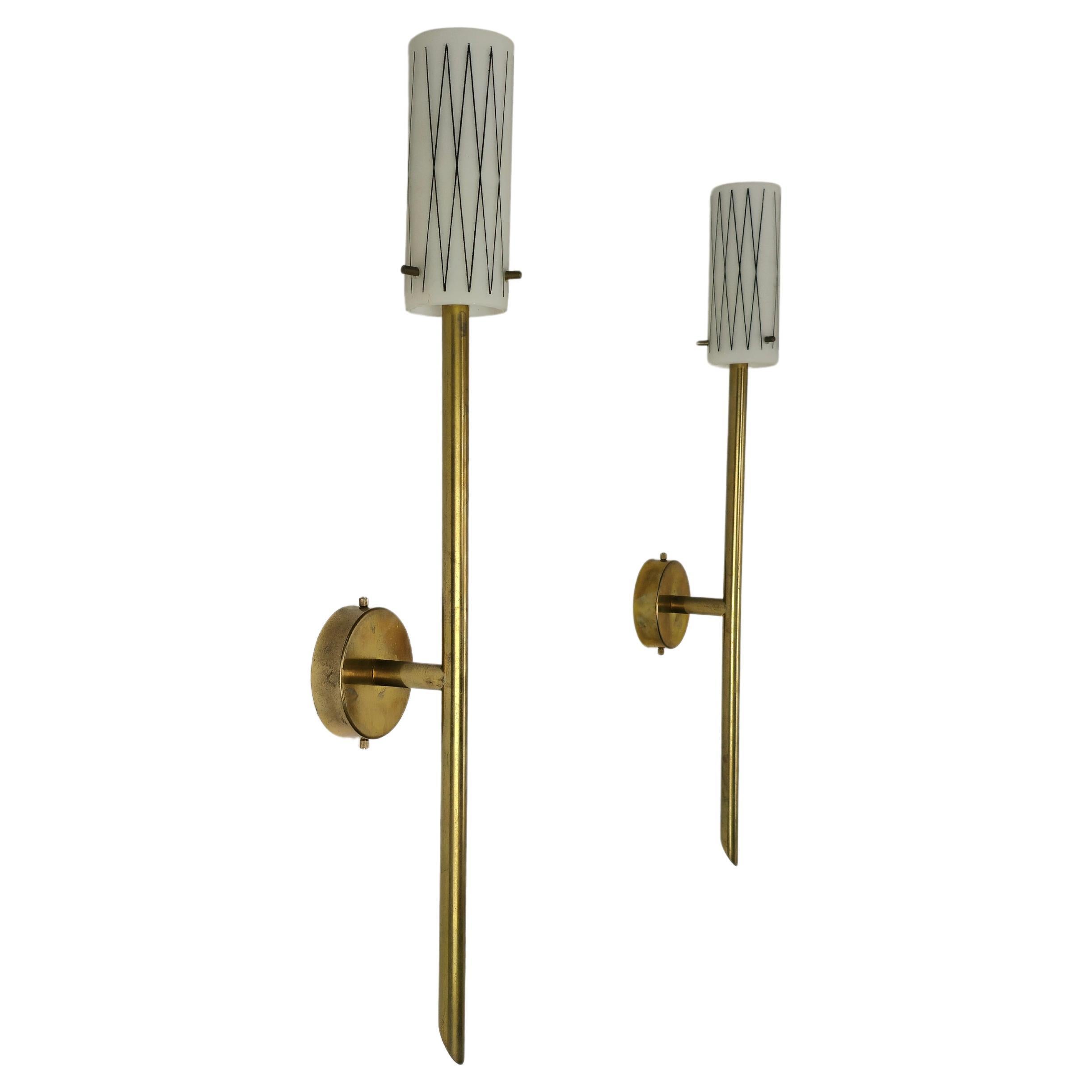 Pair of Wall Lights Sconces Brass Opaline Glass Midcentury Italian Design 1950s  For Sale
