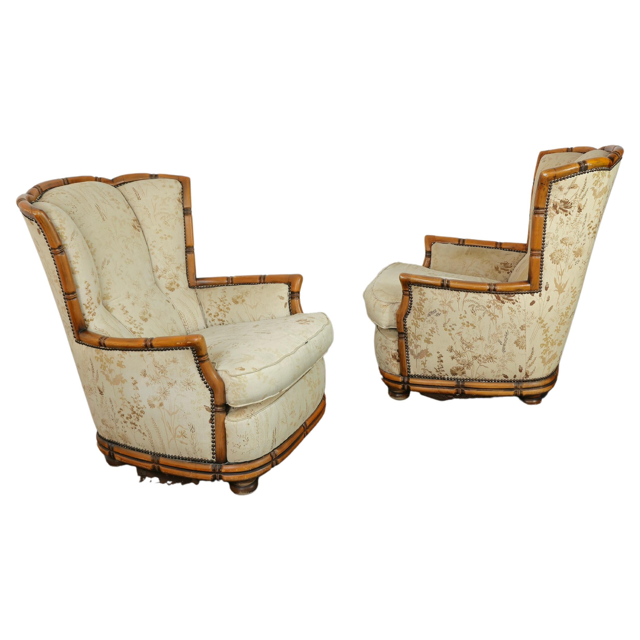 Pair of Armchairs Wood Fabric Giorgetti Midcentury Modern Italian Design 1960s For Sale