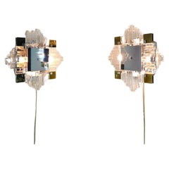Pareja de Apliques de Pared Lámparas de Cristal Metal G. Sciolari Stilkronen Mediados de Siglo 1970