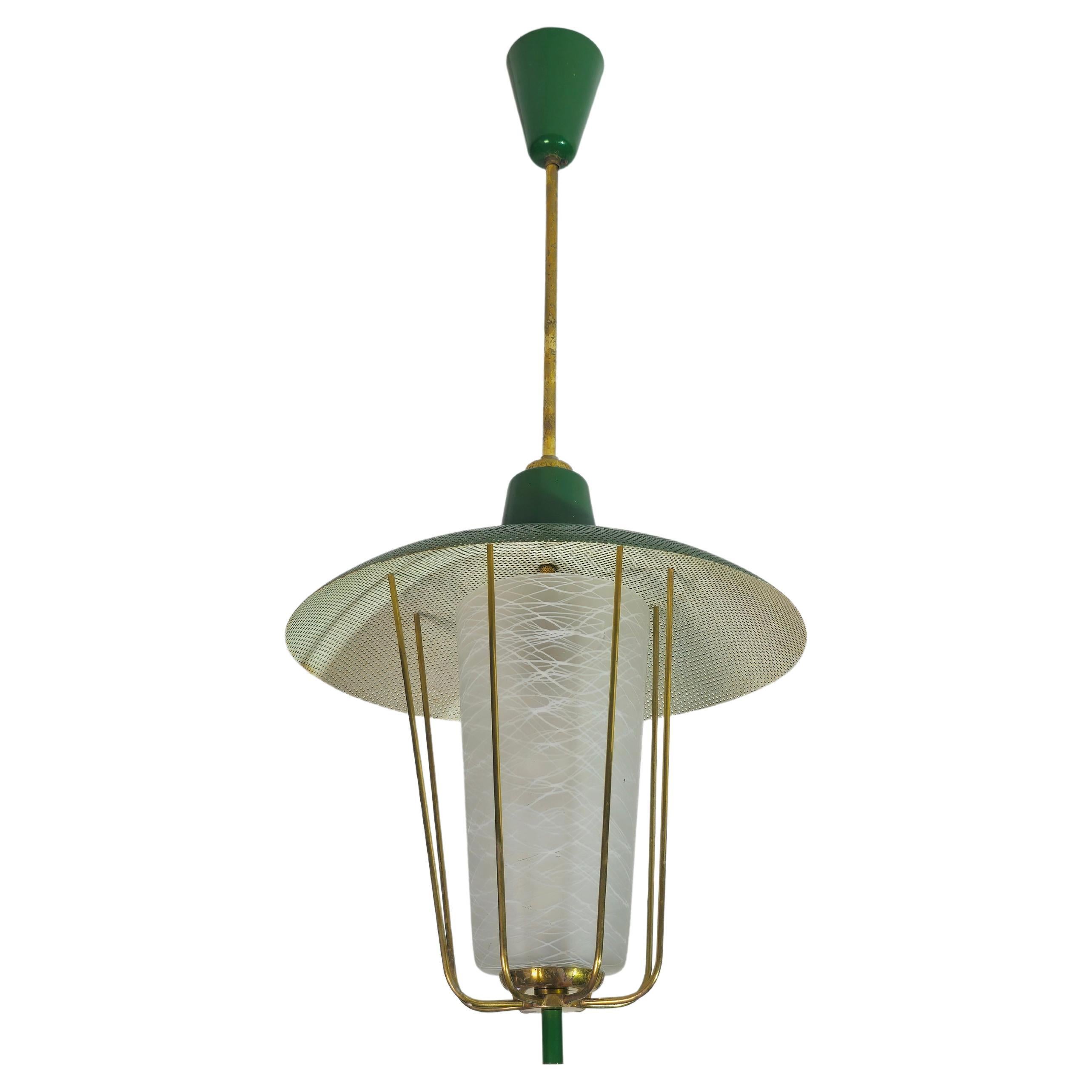 Pendant Chandelier Glass Brass Green Midcentury Modern Italian Design 1950s For Sale