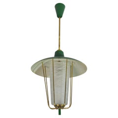 Vintage Pendant Chandelier Glass Brass Green Midcentury Modern Italian Design 1950s